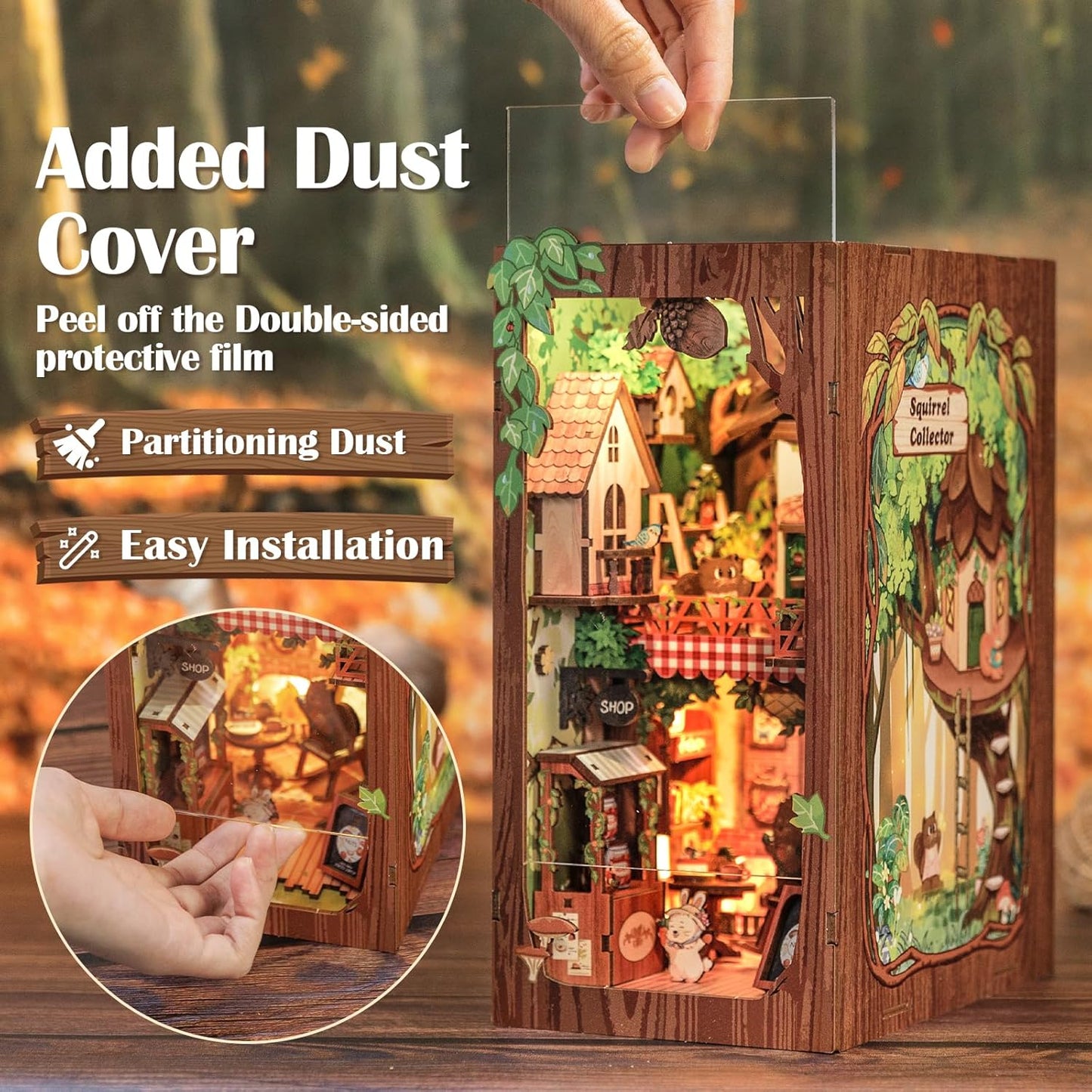 Cutefun Book Nook Kit, DIY Miniature Dollhouse Kit for Teens and Adults, 3D Wooden Puzzle Bookends with LED Light, Bookshelf Insert Decor with Dust Cover, Christmas Birthday Gifts (Squirrel Collector)