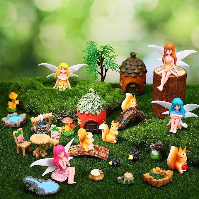 25Pcs Fairy Garden Accessories, Miniature Garden Ornaments Landscape Decorations Mini Fairy Figures Animal Plant Furniture Set for DIY Terrarium Potted Plants Dollhouse Desk Decor