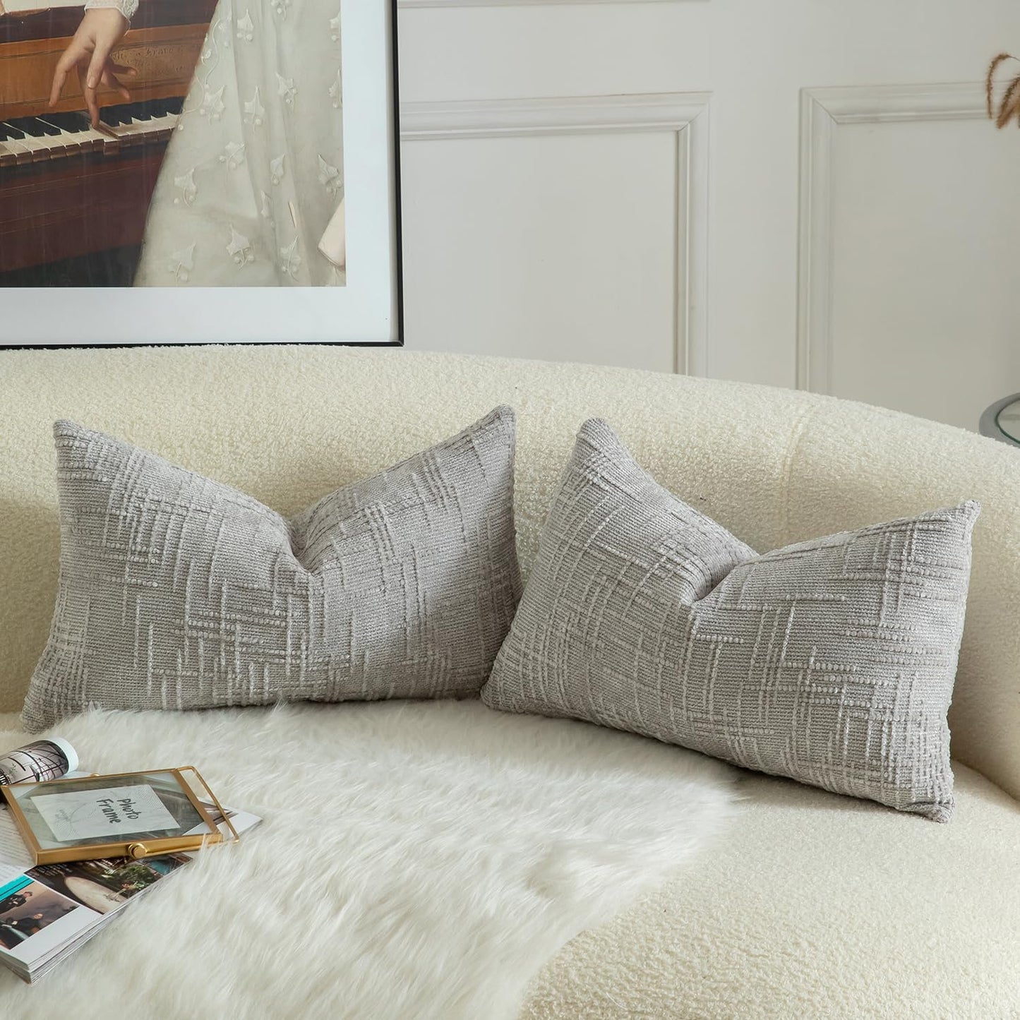 MANDIOO Pack of 2 Soft Chenille Textured Throw Pillow Covers Lumbar Accent Solid Decorative Cushion Cover Cozy Farmhouse Pillow Case for Couch Sofa Bed Living Room 12x20 Inch Light Gray
