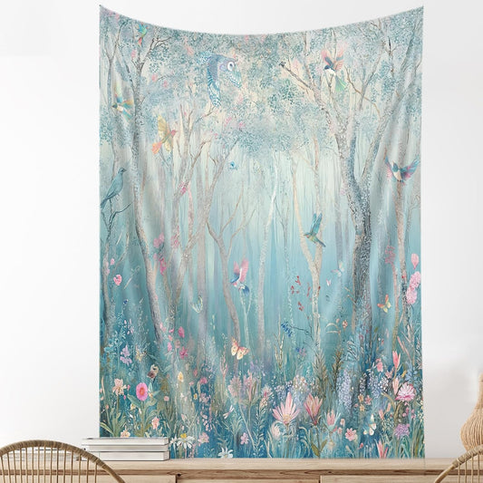 DYNH Enchanted Forest Tapestry,Fairytale Woodland Vertical Wall Hanging,Jungle with Tree Bird Flowers Plant Aesthetic for Bedroom Decor Art Tapestries Poster Blanket,60X80IN