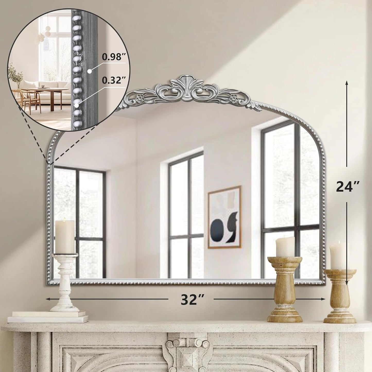 Micasso Vintage Wall Silver Mirror: 24" x 32" French Baroque Antique Mirror - Traditional Ornate Decorative Arched Mirrors for Wall/Bathroom/Entryway/Fireplace/Hallway - Home Decor for Living Room