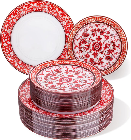 Hioasis 60pcs Red Plastic Plates Set - Floral Red & White Porcelain Design, 10.25" Dinner & 7.5" Dessert Plates Disposable for Wedding/Party (Dishwasher Safe, Art Style)