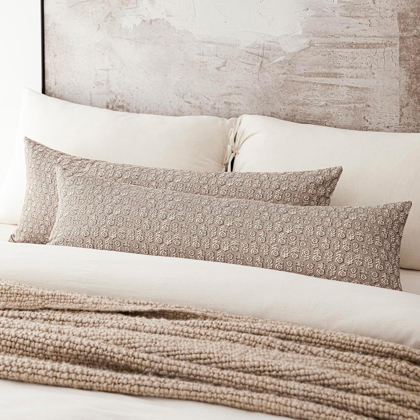 Foindtower Set of 2 Decorative Floral Body Lumbar Throw Pillow Covers Neutral Modern Farmhouse Cushion Covers Vintage Home Decor for Sofa Couch Chair Bedroom Living Room,14×36 Inch,Tan Taupe