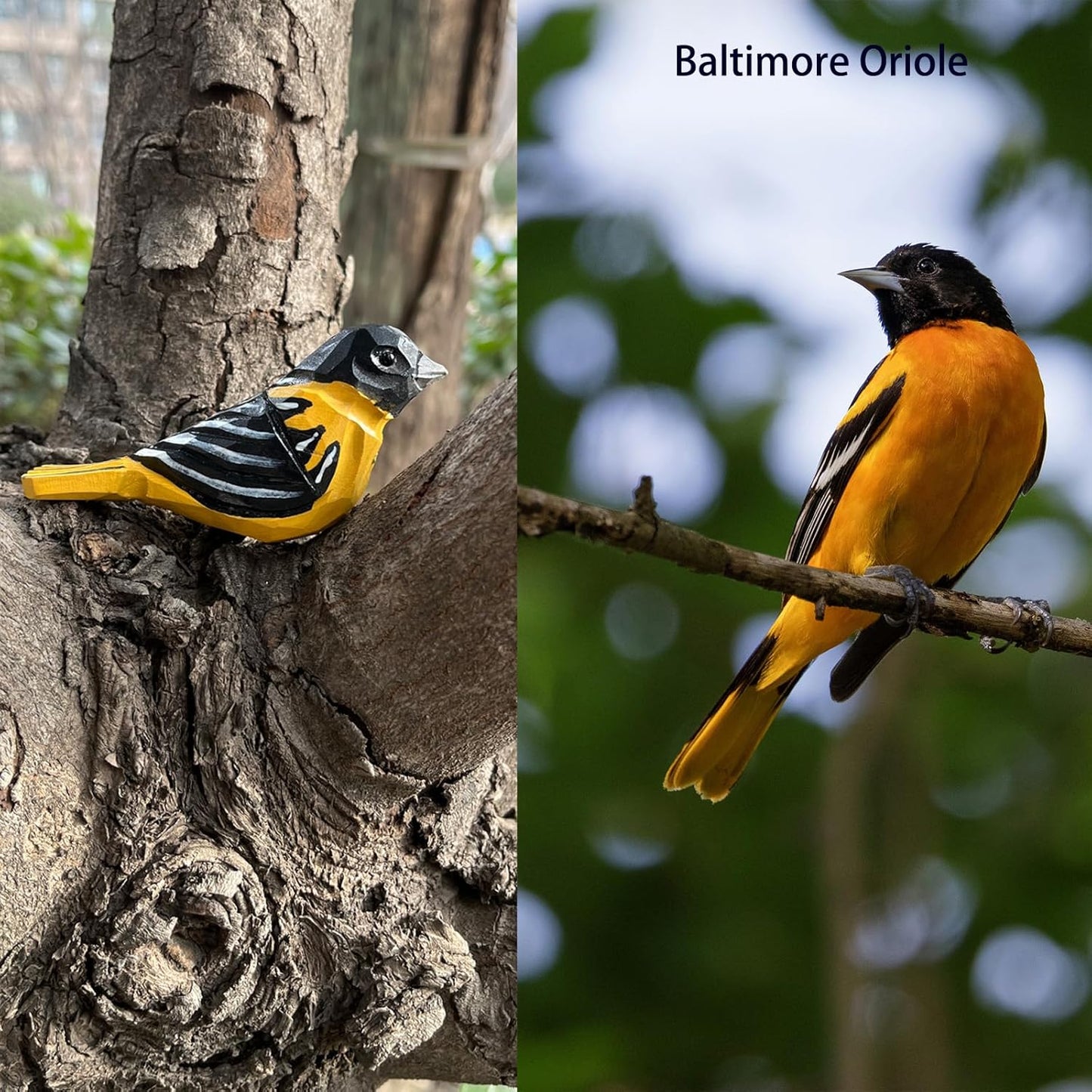 Hand Carved Bird Figurines, Hand-Painted Sculpted Wooden Birds, Wood Bird Sculptures for Home Decoration, Hand Crafted Life Like Bird Statues, Ideal Gifts for Bird Lovers (Baltimore Oriole)