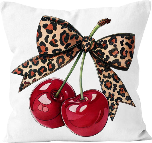 Coquette Leopard Bow Cherry Print Pillow Covers 18x18,Trendy Coquette Cheetah Print Room Decor Decorative Throw Pillow Covers Pillowcases for Girly Room Bedroom Dorm Apartment