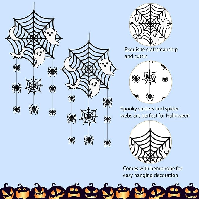 2Pcs Halloween Hanging Decorations, Spider Spiderweb Bat Ghost Door Decorations, Happy Halloween Sign Decoration Welcome Sign Hanging Ornaments for Home Wall Door Decor Party Supplies
