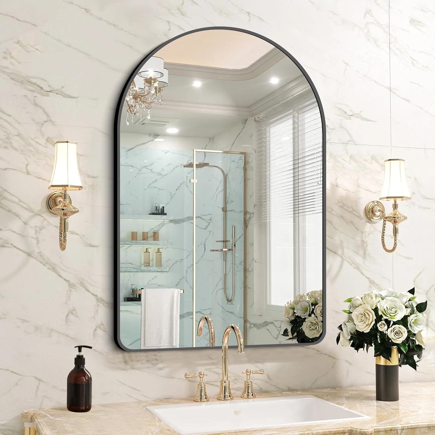 FORBATH Arched Bathroom Mirror 26x38 Inch, Bathroom Mirror Wall Mounted Modern Black Aluminum Alloy Frame Decor Dresser Mirror for Bedroom Living Room Entryway, Hanging or Leaning Against Wall