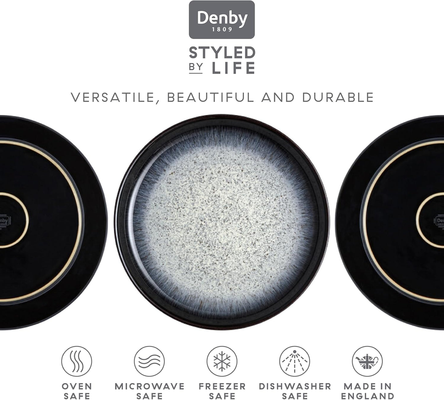 Denby - Halo Coupe Salad Plates Set of 6-8.25 Inch Reactive Glaze, Dishwasher Microwave Oven Safe - Scratch Chip Resistant Lunch, Appetizer, Dessert Plates - Grey, Black Stoneware Dinnerware Set