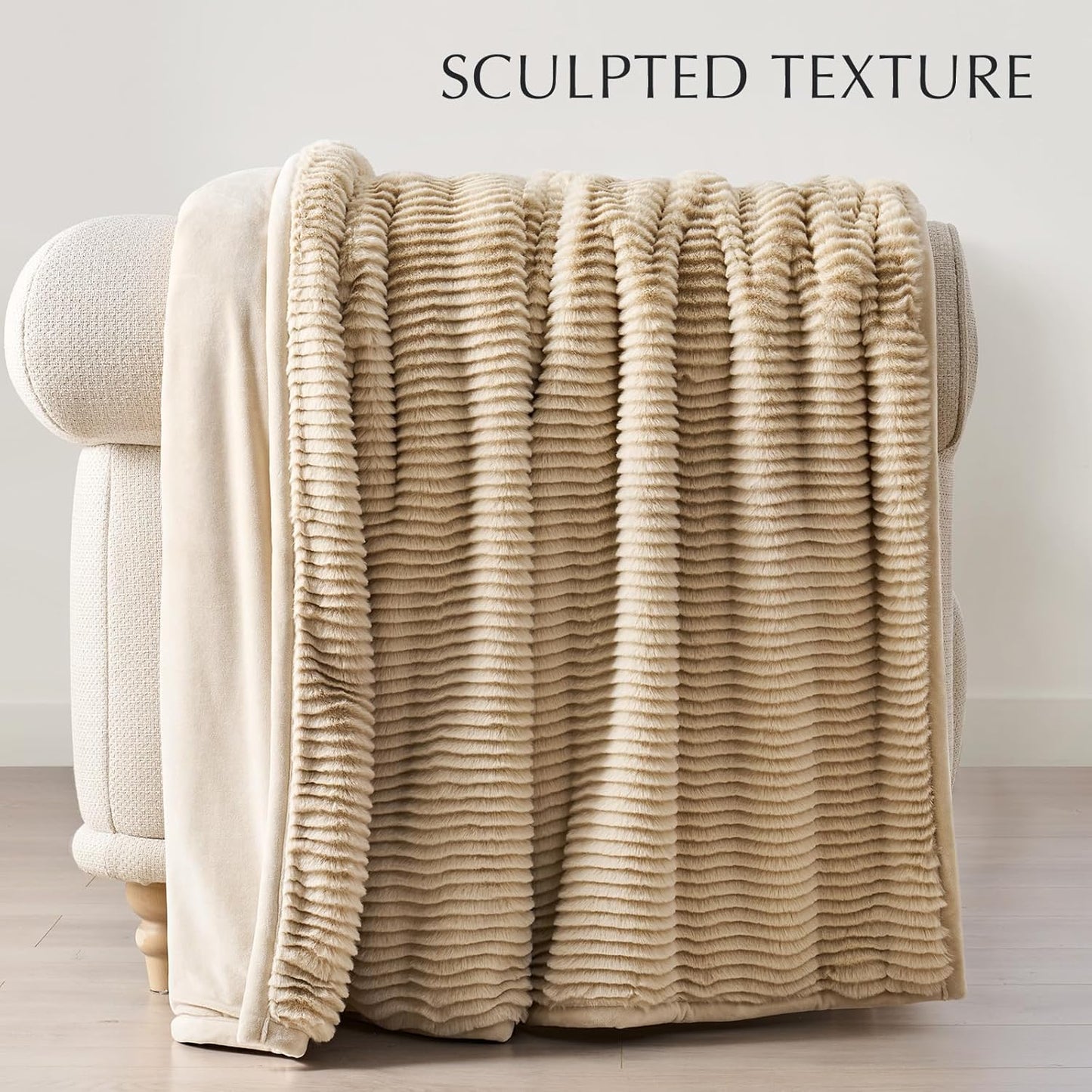 EVERGRACEHOME Ultra Soft Faux Fur Throw Blanket for Couch, Luxury Sculpted Texture Faux Rabbit Fur Blanket for Bed, Fluffy Thick Plush Warm Fuzzy Throw, 920GSM (Beige, 60''x80'')