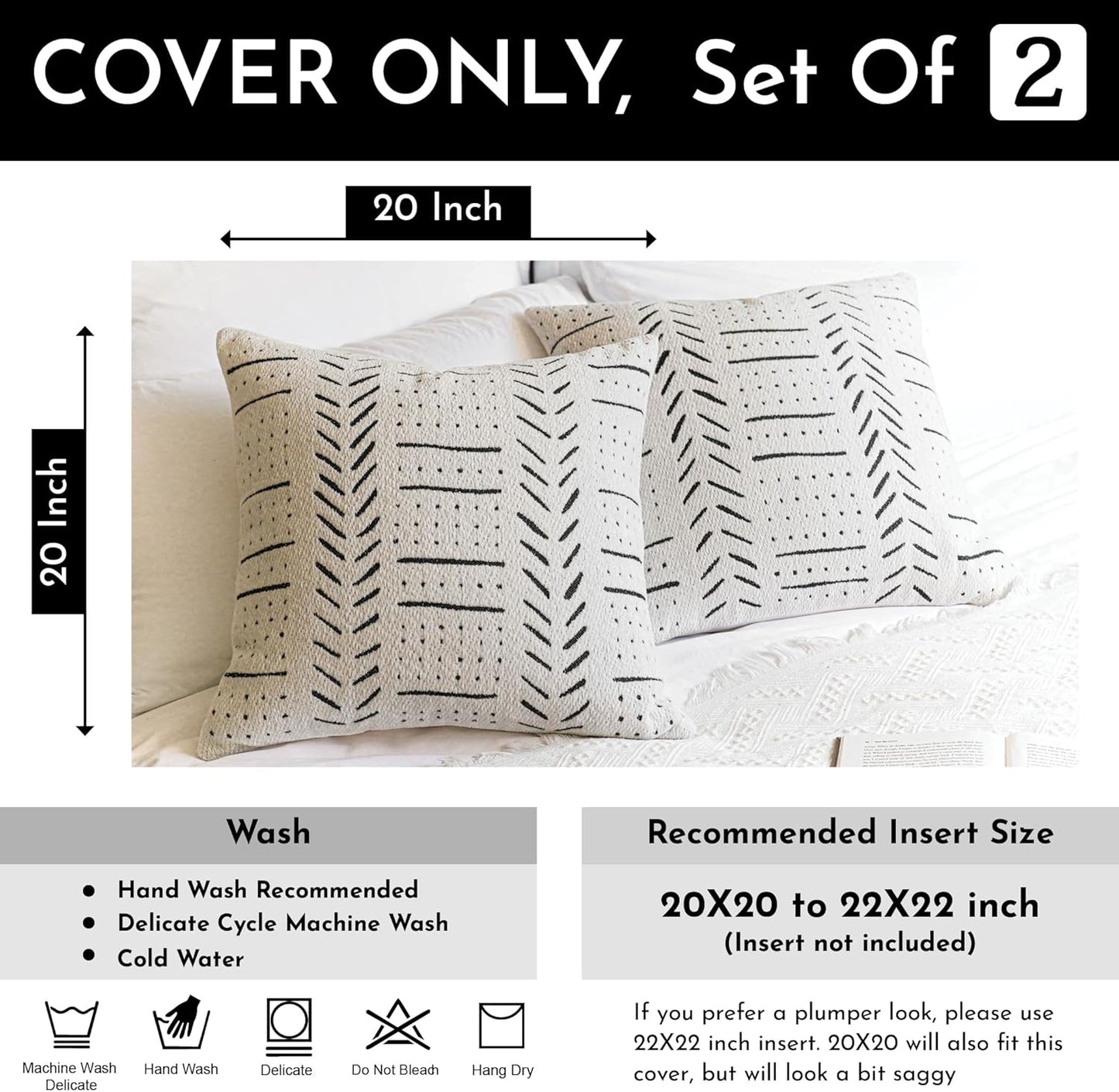 BlissBlush Off White Decorative Throw Pillow Covers 20X20, Set of 2, Boho Farmhouse Square Cushion Cover, Cozy Soft Accent Pillowcase for Couch Sofa Bed Living Room Home Décor