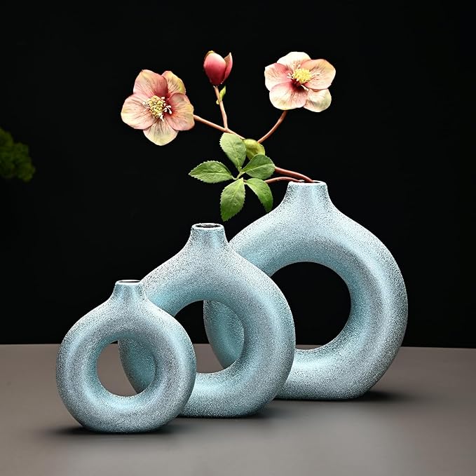 Set of 2 Donut Hollow Ceramic Vase Handmade Minimalist Boho ins Style, Modern Vase for Home Decor for Wedding Dinner Table Party Living Room Office Bedroom (Blue-Gold, Extra Large + Large)