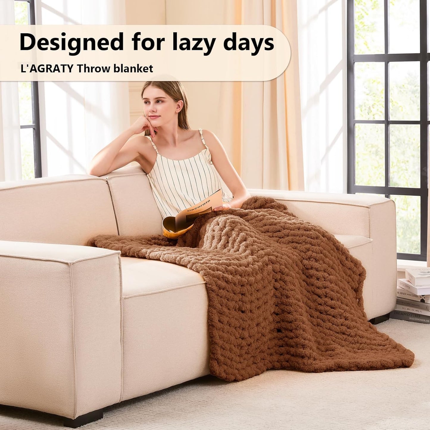 L'AGRATY Chunky Knit Blanket Throw - Soft Chenille Yarn Throw Blanket 40x50： Handmade Thick Cable Knit Crochet Blanke - Large Knit Blanket Chunky Rope Knot Throw Blanket for Couch Sofa Bed Home Decor