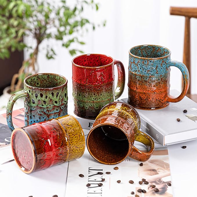 20 Oz Coffee Cups-Beer Mug, Large Ceramic Coffee Mugs, Handmade Pottery Mug, Tea Cups with Handle for Office and Home, Dishwasher and Microwave Safe (Blue & Orange)