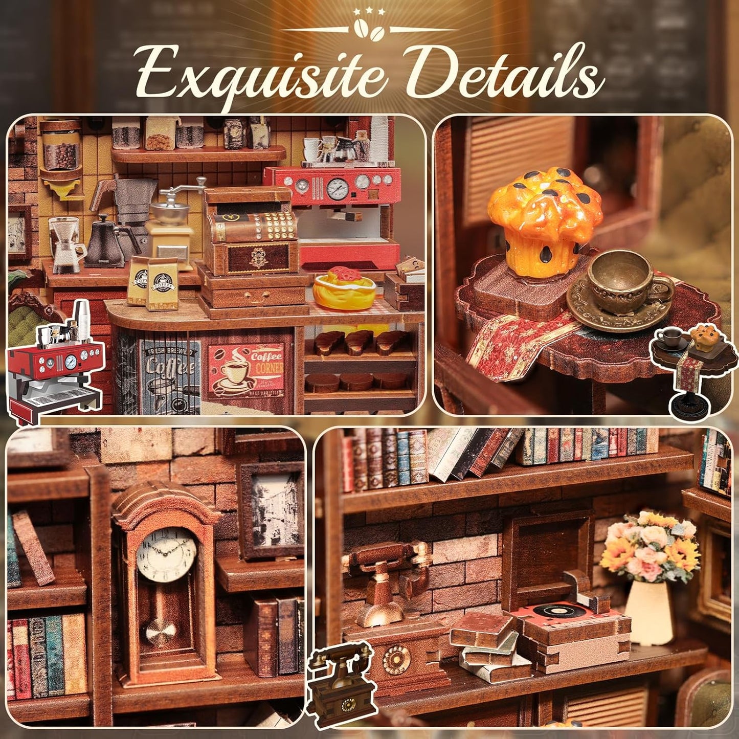 CUTEBEE Book Nook Kit - DIY Miniature House Coffee Shop Dollhouse Kit for Adults and Teens, Booknook Tiny House Bookshelf Decor 3D Wooden Puzzle, Gifts for Family, Friends (Corner Coffee Shop)