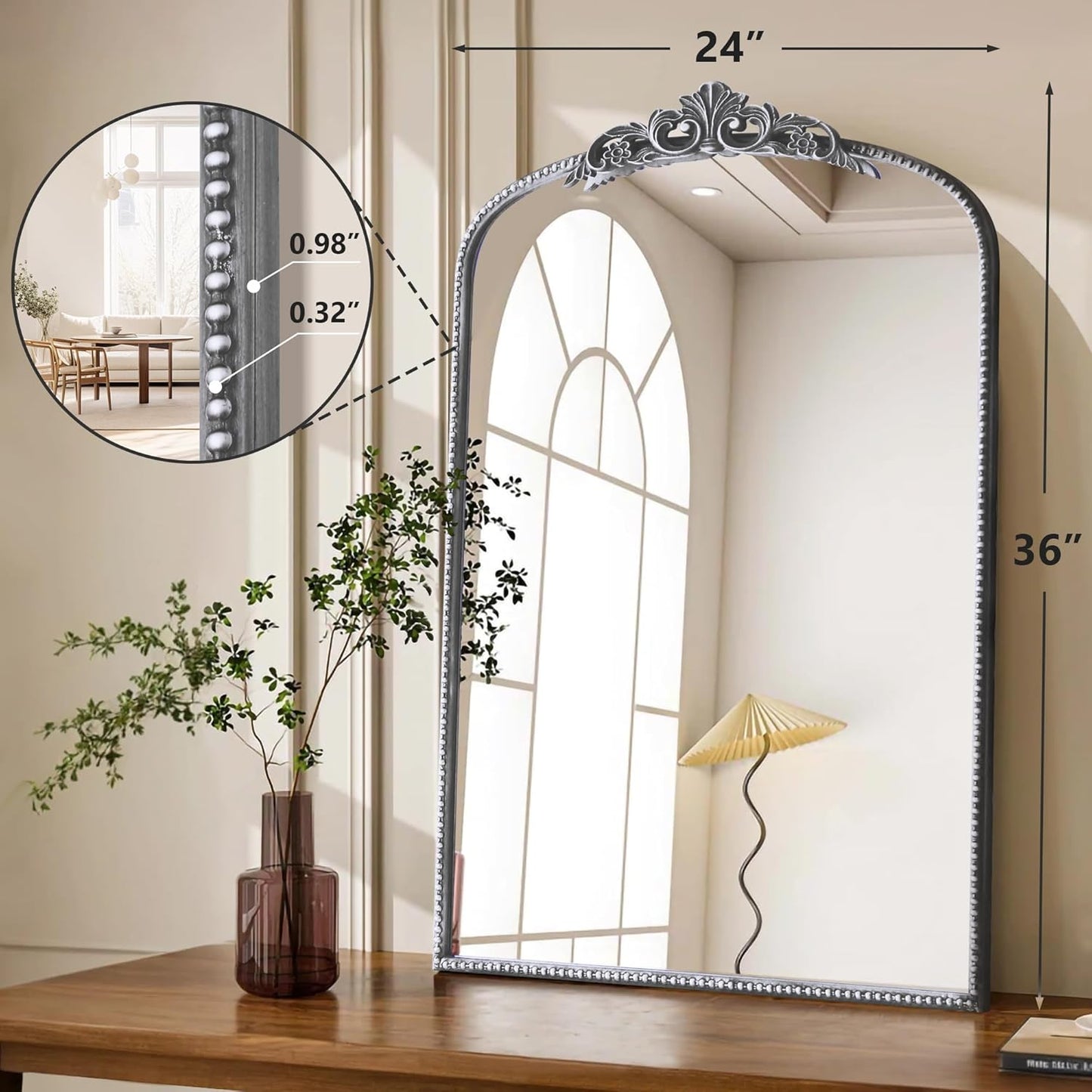 Micasso Vintage Traditional Silver Mirror: French Baroque Antique Mirror - Ornate Decorative Arched Mirrors for Wall/Bathroom/Entryway/Fireplace/Hallway - Home Decor for Living Room