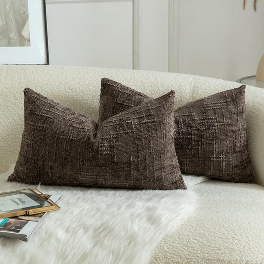 MANDIOO Pack of 2 Soft Chenille Textured Throw Pillow Covers Lumbar Accent Solid Decorative Cushion Cover Cozy Farmhouse Pillow Case for Couch Sofa Bed Living Room 16x24 Inch Coffee