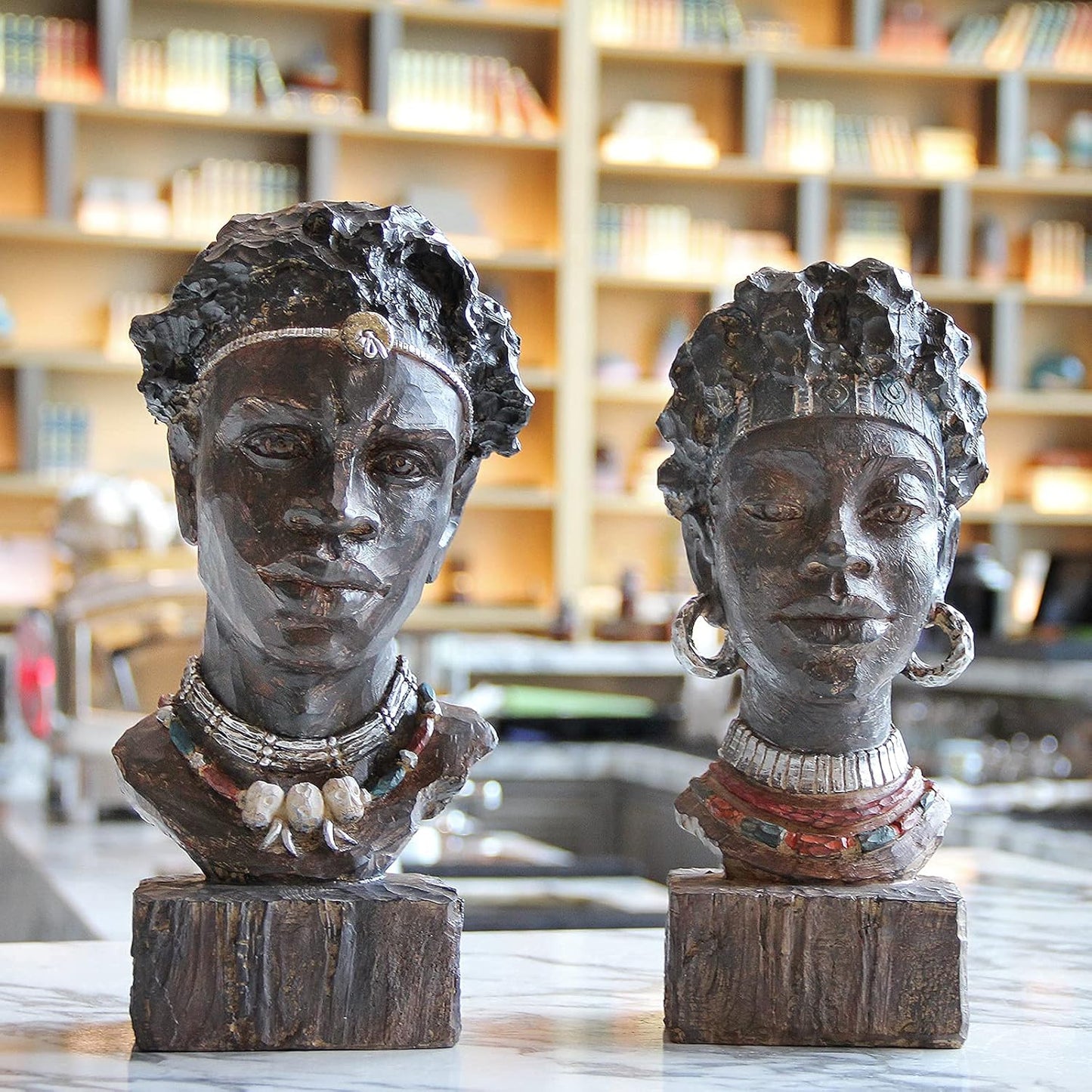 Leekung African Statues and Sculptures for Home Decor,African Figurines Head Statue Decorations for Home,African Art Sculptures Woman Statue Decor for Living Room Antique Woodstone Color