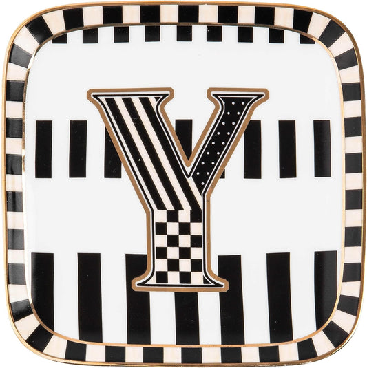 MACKENZIE-CHILDS Monogram Dish, Decorative Ceramic Letter Plate, 5 3/4" Square, Y
