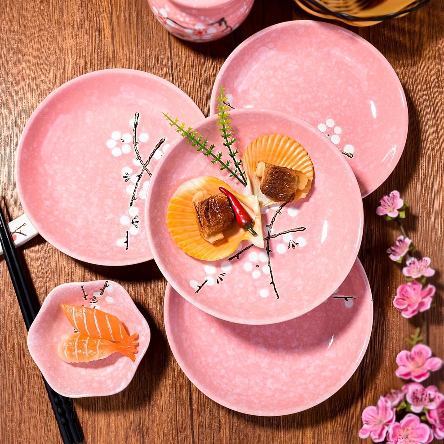 Japanese Ceramic Dinner Plates 7 Inch Pink Plates Set of 4, Cherry Blossom