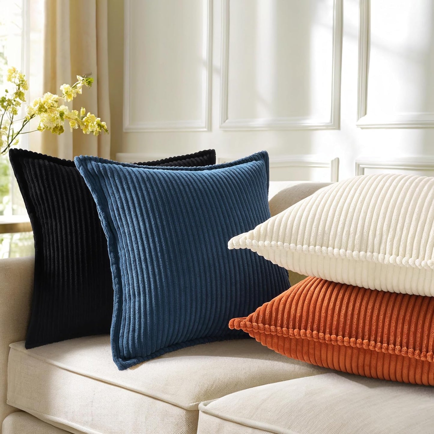 decorUhome Corduroy Black Throw Pillow Covers 20x20 Set of 2 Decorative Soft Boho Farmhouse Euro Couch Pillow Covers for Living Room Bed Sofa Broadside Striped Pillow Cases