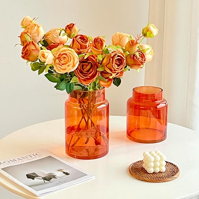 BLOFLO Orange Glass Vase, 7 Inch Large Glass Vase for Flowers, Modern Thick Glass Flower Vases for Centerpieces, Decorative Glass Cylinder Hydroponic Vase for Wedding, Home, Office (Orange, 7Inch)