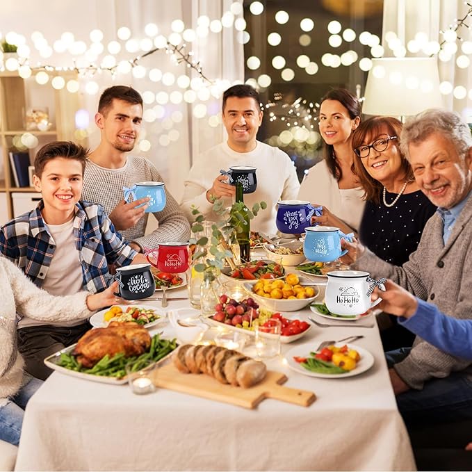 Zubebe Christmas Coffee Mugs Set of 12, 12 oz Hot Cocoa Ceramic Holiday Mugs Set for Mom, Woman, Family, Friend - Farmhouse Tiered Tray Decor, Coffee Bar Decor(Blue, White, Black)