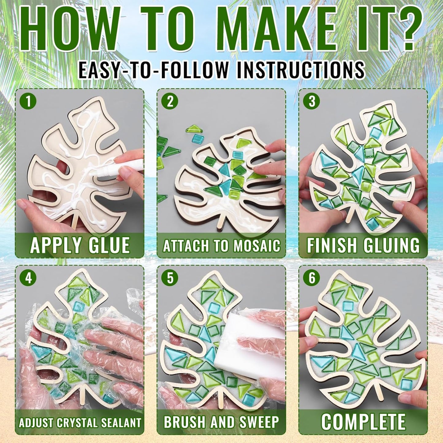 Honeydak 6 Sets DIY Leaves Glass Mosaic Tiles with 6 Sets Leaves Wooden Coasters Making Mosaic Crafts Materials Package Mixed Stained Glass Kit for Handmade Colourful Home Gifts Indoor Decor