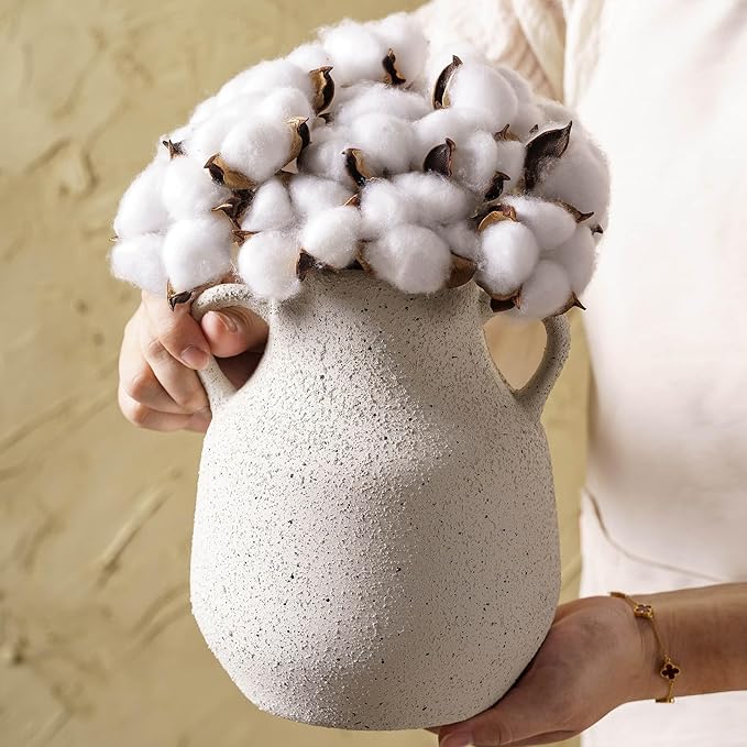 Vintage Farmhouse Flower Round Ceramic Vase with 2 Handles, Rustic Pampas Grass Vase, White Modern Decorative Flower Ceramic Vase for Home Decor, Table, Living Room Decoration, Office, 7.7 Inch