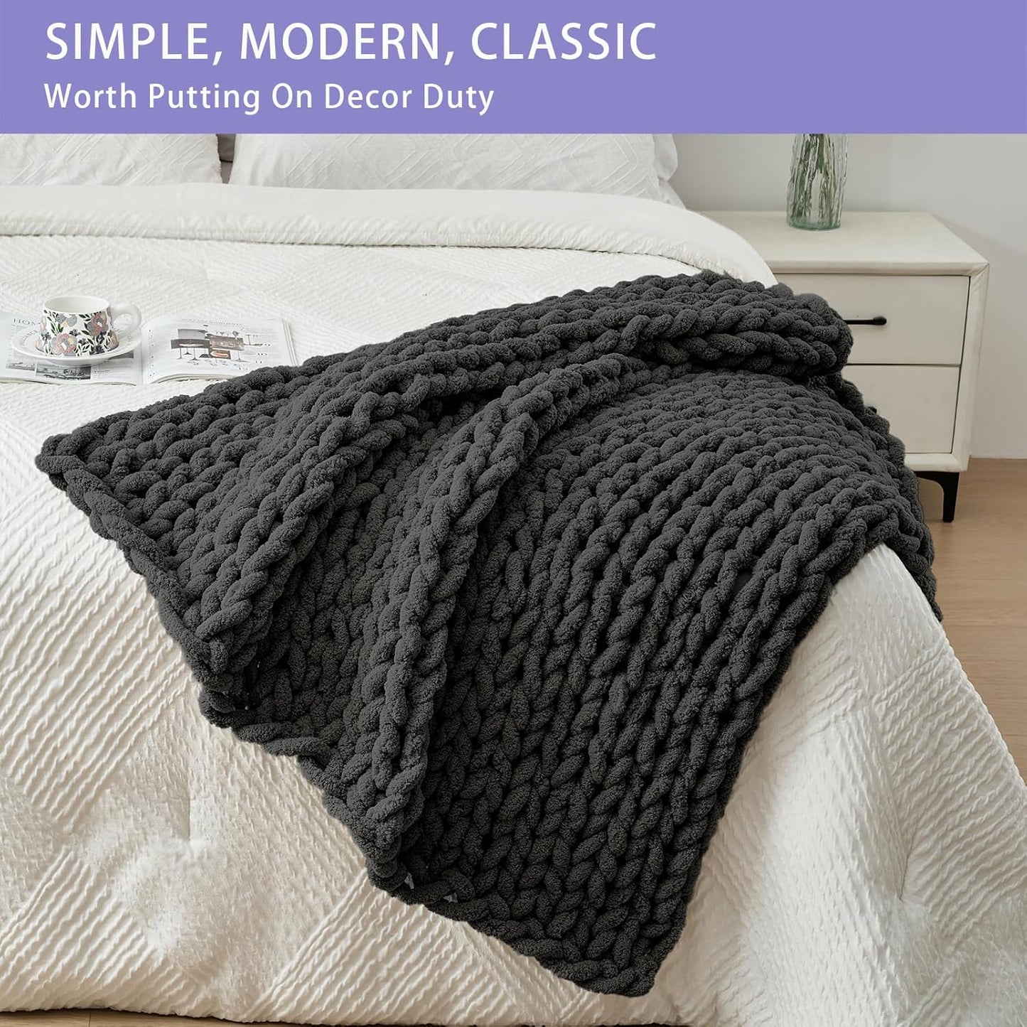 Bigacogo Chunky Knit Throw Blanket for Couch, 40x40 inches, 100% Hand Knitted with Thick Jumbo Chenille Yarn, Cozy Soft Large Rope Knot Cable Crochet Blankets for Sofa Bed Living Room, Dark Grey