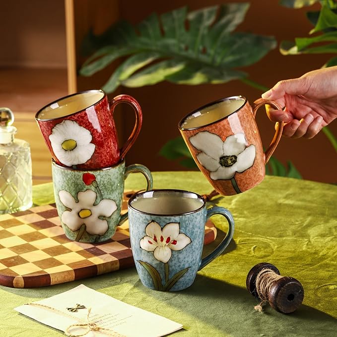 12oz/350ml Ceramic Coffee Mug with Handle,Hand Painted Vintage Floral Cappuccino Cups, Suitable for Tea Cups,Colorful Stoneware Coffee Mugs and Drinking Cup,Ideal Gifts for Women and Men-Red