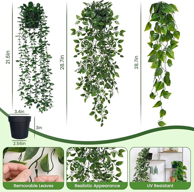 3 Pack Small Fake Hanging Plants, Artificial Eucalyptus, Pothos & Mandala Vines with Plastic Pot for Indoor Home Decor, Wall, Office, Bathroom, Kitchen, Shelf, Farmhouse Room Decoration
