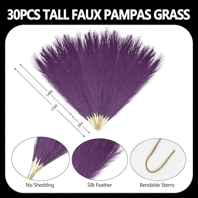 30 Pcs Deep Purple Faux Pampas Grass, 17 Inches Artificial Pampas Grass Bulk, Short Fluffy Faux Pompas for Vase Filler, Home Boho, Wedding Anniversaries, Baby Shower Decoration