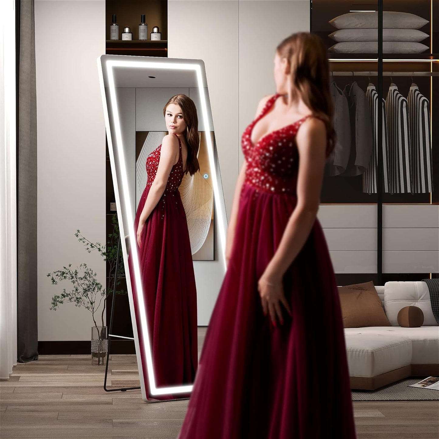 Hasipu Full Length Mirror with Lights, 61" x 22" LED Floor Mirror, Full Body Dressing Standing, Hanging Mounted Mirror for Living Room Bedroom Cloakroom, Round White