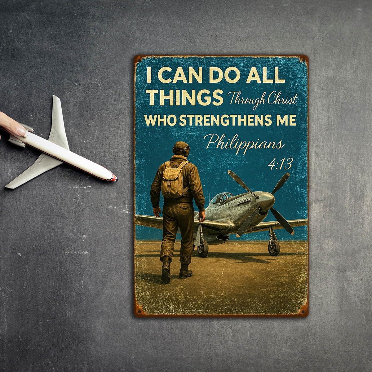 Inspirational Vintage Airplane Wall Decor – “I Can Do All Things Through Christ” Retro Tin Sign for Boys Room, Aviation Lovers, or Man Cave – 8x12 Inch Christian Metal Wall Art