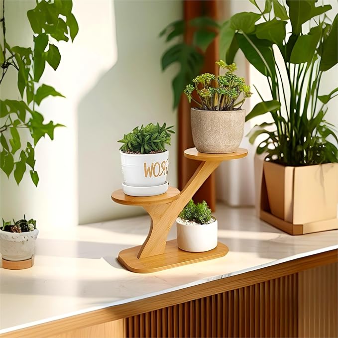 2 Tiered Desk Plant Stand Bamboo Tree Plant Shelf Tabletop Succulent Herb Stand Desktop Plant Stand Indoor Plant Rack for in Living Room Office Decoration (2 Tiered)