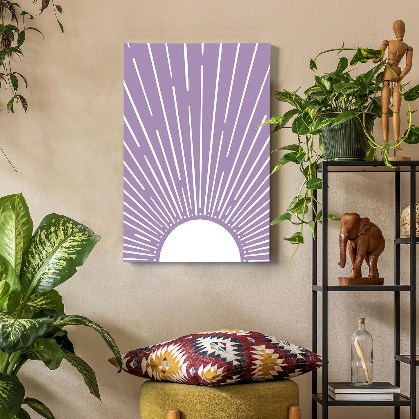 HIWX Vintage Abstract Boho Sun Framed Canvas Painting Wall Art Decor, Bohemia Boho Sunrise Sunshine Wall Art Artwork Home Decoration For Living Room Yoga Bedroom Bathroom 16x24 Inch（Purple）