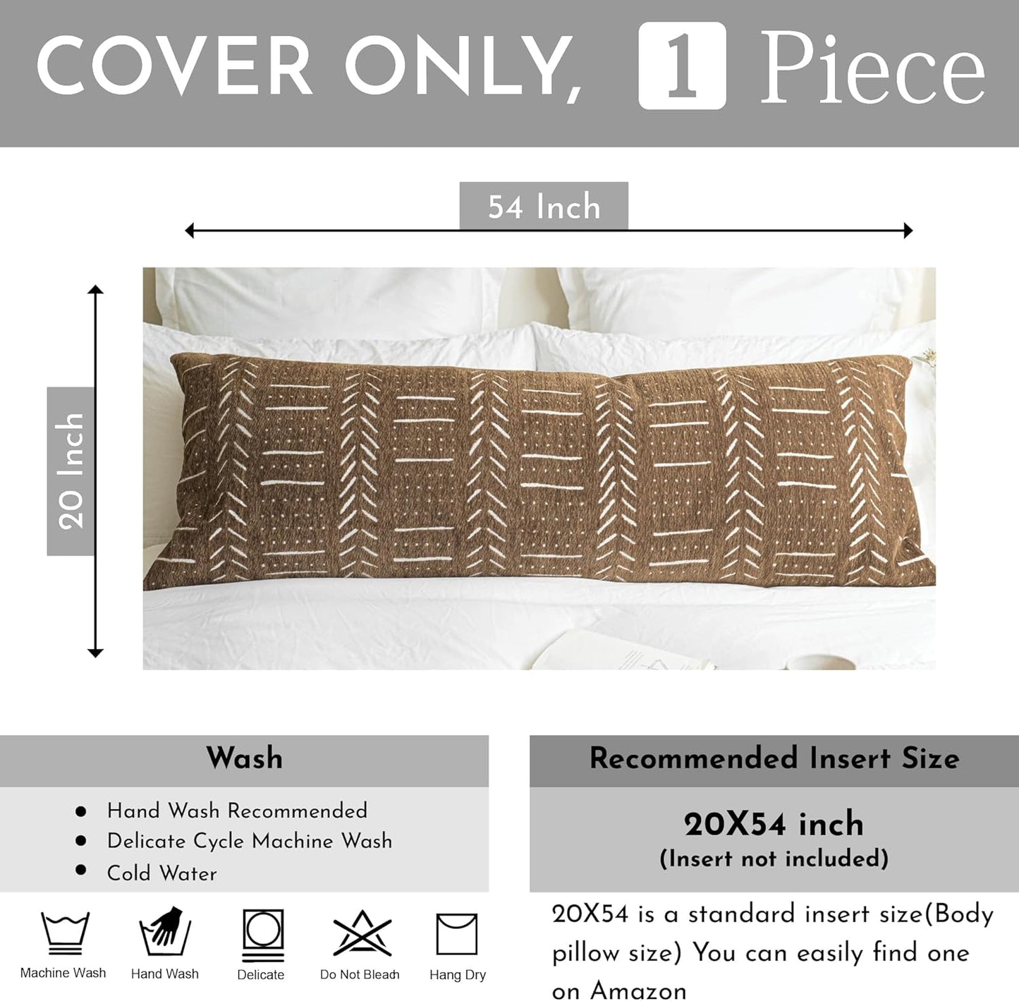 BlissBlush Fall Brown Soft Chenille Boho Body Pillow Cover 20x54, Decorative Oversized Long Lumbar Pillow, Boho Textured Oversize Body Pillow, Cover ONLY