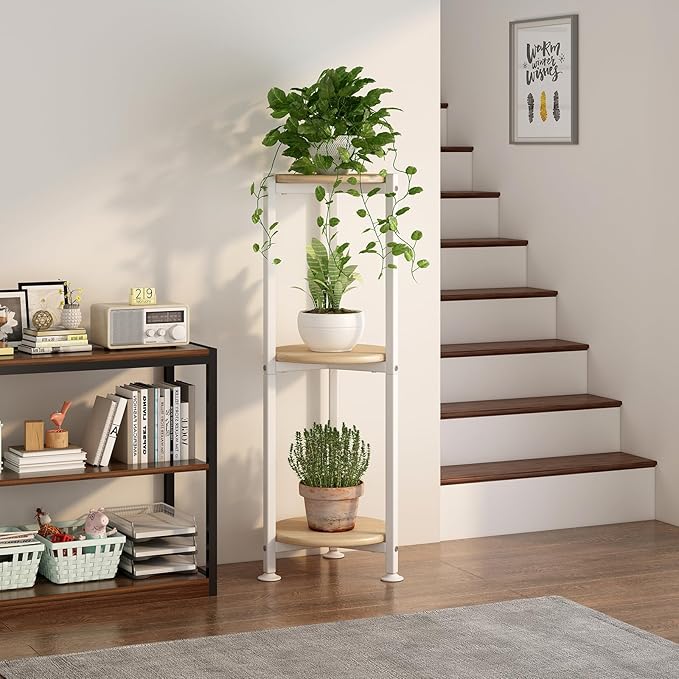 Plant Stand Indoor Corner Tall 3 Tier Metal Modern Flower Storage Plant Shelf Holder for Living Room Balcony Garden, White (3 Tier-White Round)