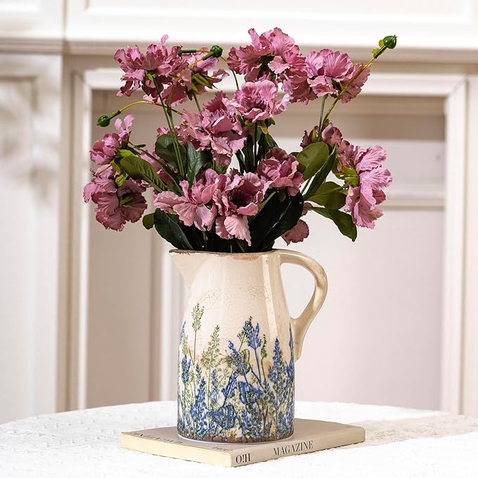 Navy Blue and Green Vintage Ceramic Floral Pitcher Vase, Rusitc Farmhouse Beige Decorative Flower Vase for Home Decor, Living Room, Rustic Table Centerpiece, Grand Millenial & Tuscan Decor 7.3 in