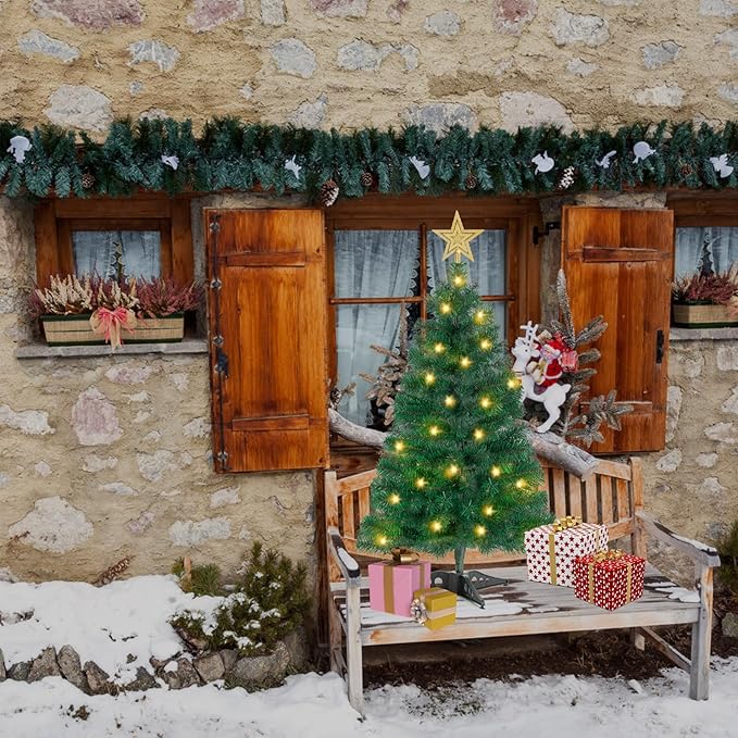 3FT Artificial Christmas Tree with Lights Green Mini Tabletop Christmas Tree with Plastic Stand and Tree Topper Lighted Battery Operated Mini Xmas Pine Tree for Indoor Outdoor Holiday Home Decoration