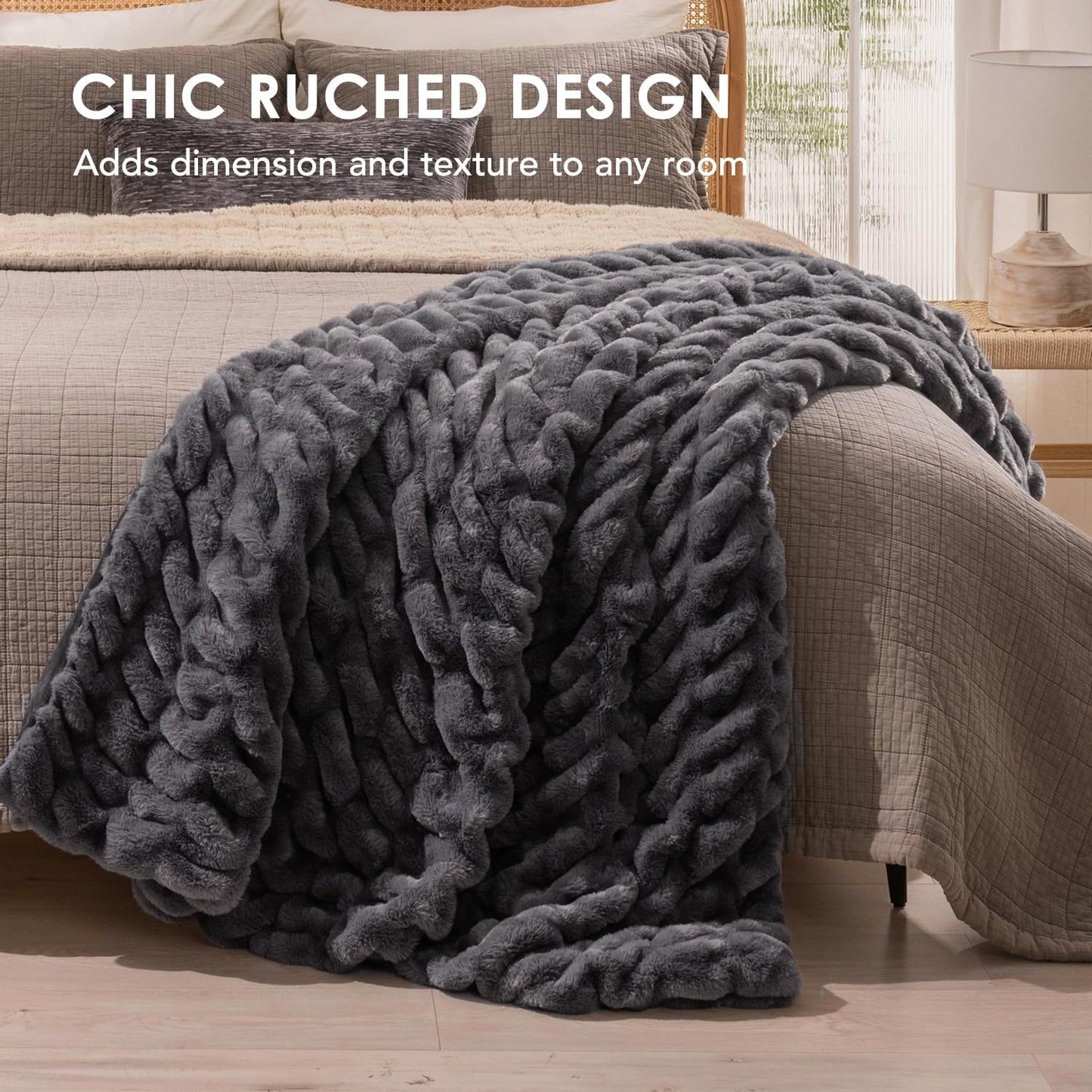 EVERGRACE Luxurious Soft Faux Rabbit Fur Throw Blanket, Cozy Fuzzy Plush Warm Throws for Couch Bed Sofa Chair Decor, Ruched Bubble Fluffy Blanket with Reversible Velvet, 60" x 80", Charcoal Gray