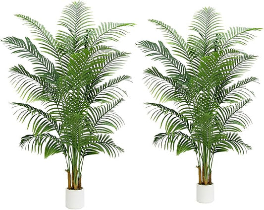 2 Pack Artificial Palm Tree Indoor Plant 7FT Tall Fake Tropical Palm Tree in Pot, Real Bark Design Faux Areca Palm Tree for Home Office Living Room Bedroom Farmhouse Modern Outdoor Topiary Tree