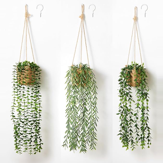 3 Pack Artificial Hanging Plants in Boho Handwoven Baskets for Living Room, Bedroom, Bathroom Wall Shelf Decor