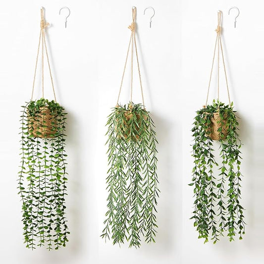 3 Pack Artificial Hanging Plants in Boho Handwoven Baskets for Living Room, Bedroom, Bathroom Wall Shelf Decor