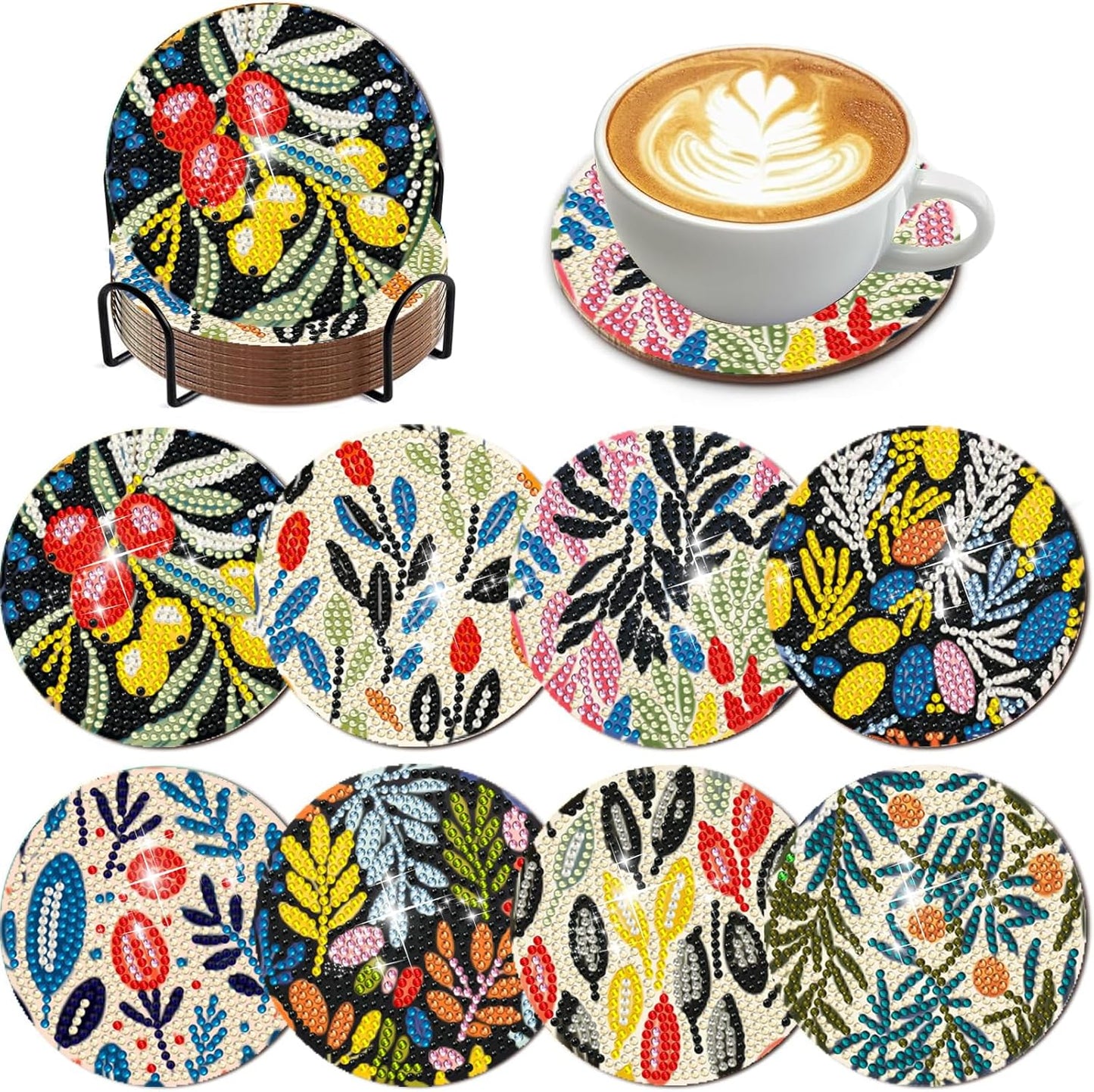 DOTSOPS 8 PCS Diamond Painting Coasters with Holder Diamond Art Coasters with Cork Base for Beginners Adults Craft Supplies Party Flower