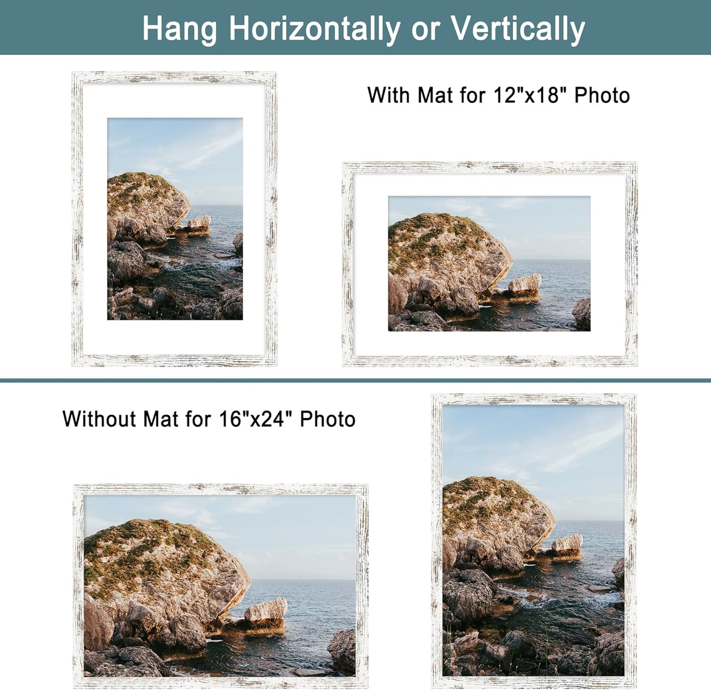 iRahmen 16x24 Picture Frame Set of 2 with Plexiglass, Distressed White Poster Frame Display 12x18 Picture with Mat or 16 x 24 Without Mat, Wood Photo Frame for Gallery Wall Mounting
