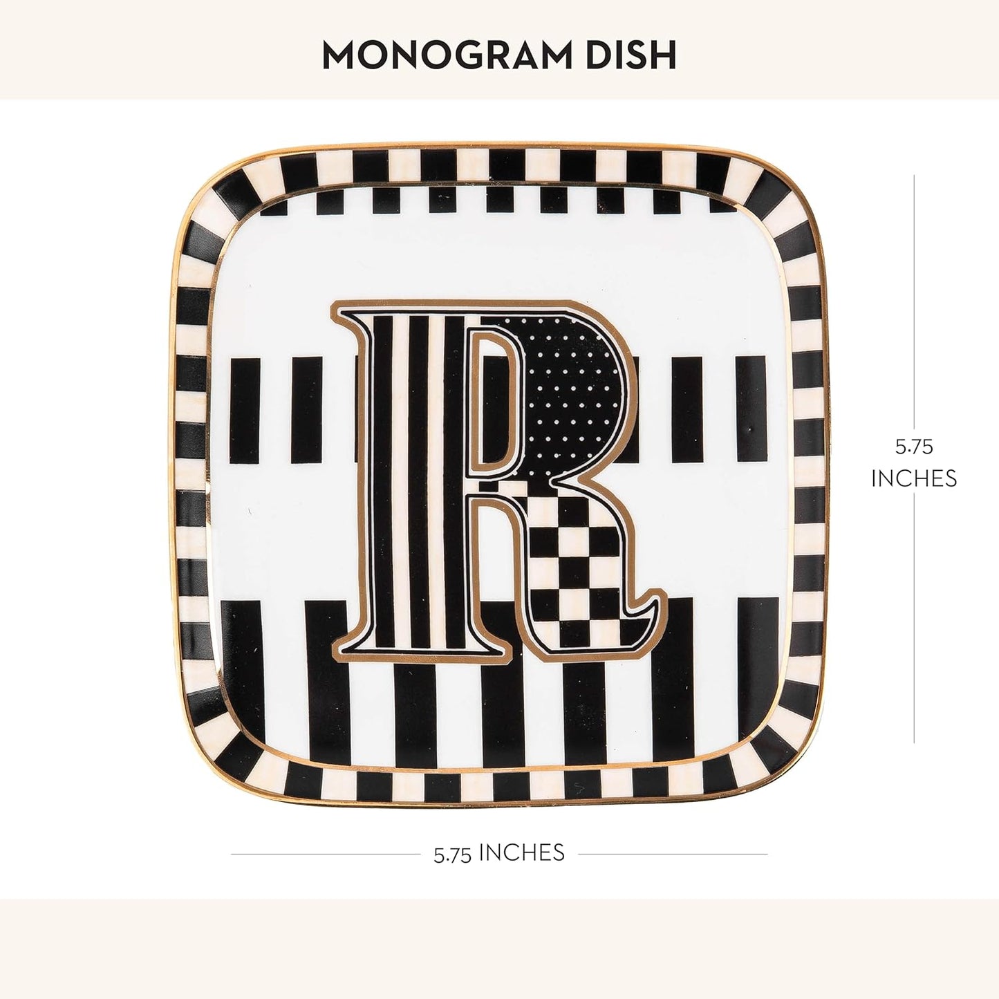 MACKENZIE-CHILDS Monogram Dish, Decorative Ceramic Letter Plate, 5 3/4" Square, R