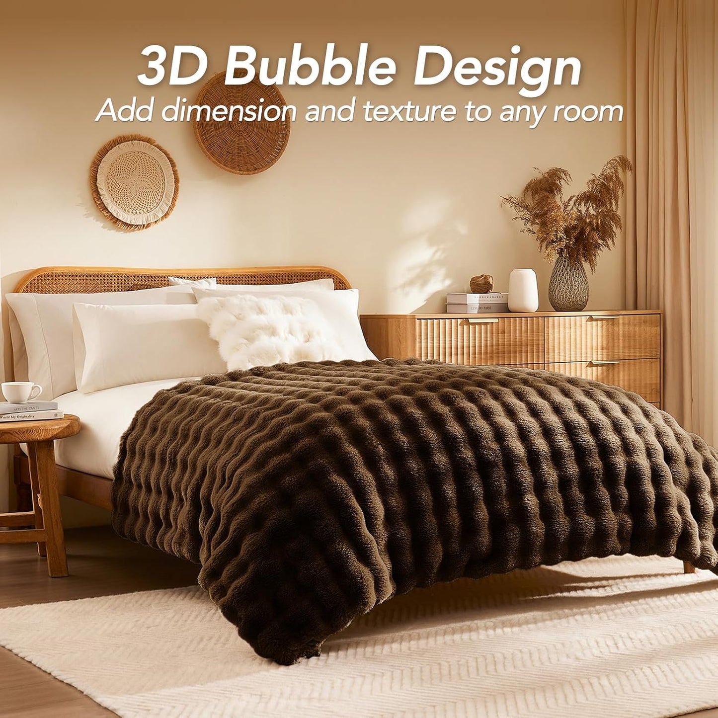 L'AGRATY Faux Rabbit Fur Blanket: 60" x 80" Twin Luxury Soft Fluffy Thick Fur Throw Blanket for Couch Bed Sofa - Cozy Plush Bubble Blankets for Winter: Flannel Fleece Decorative Blanket(Cocoa Brown)