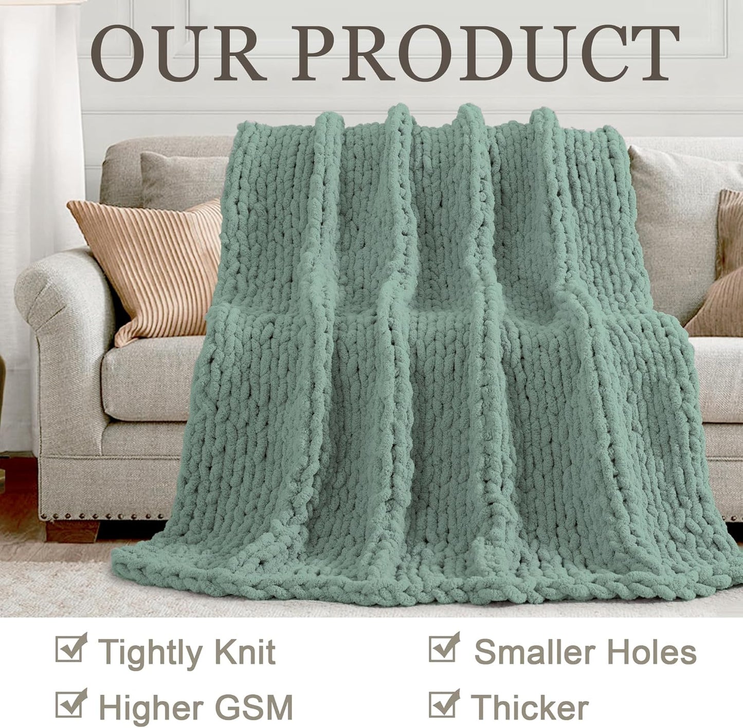 Chunky Knit Throw Blanket 60"X 80", 100% Handmade with Soft Chenille Yarn, 6.7lbs Thick Cable Knitted Blankets, Large Rope Knot Crochet Throws for Couch Sofa Bed Home Decor, Sage Green
