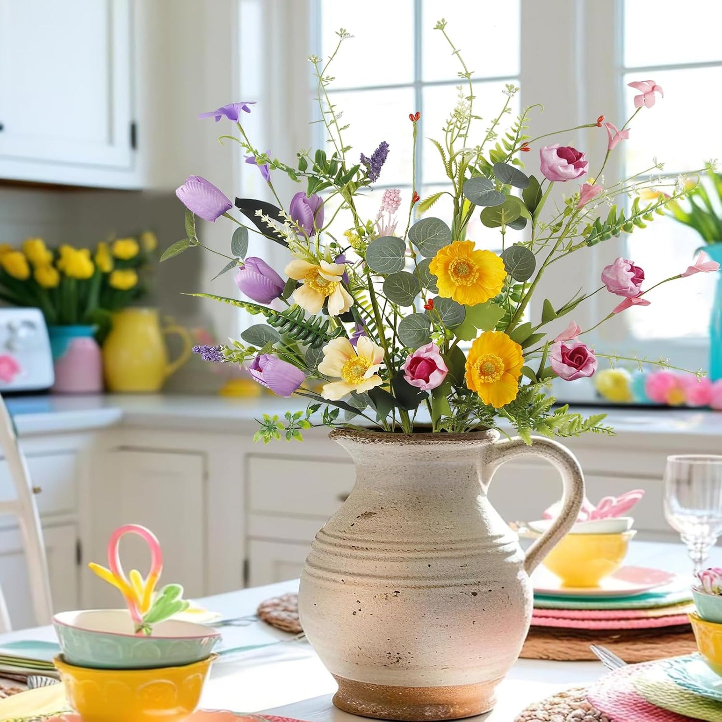 CISDUEO 4 Pcs Wildflowers Artificial Flowers Daisies Roses and Poppies Faux Wildflowers Summer Flowers Artificial for Decoration Spring Silk Floral Arrangement Wedding Party Table Centerpieces Home